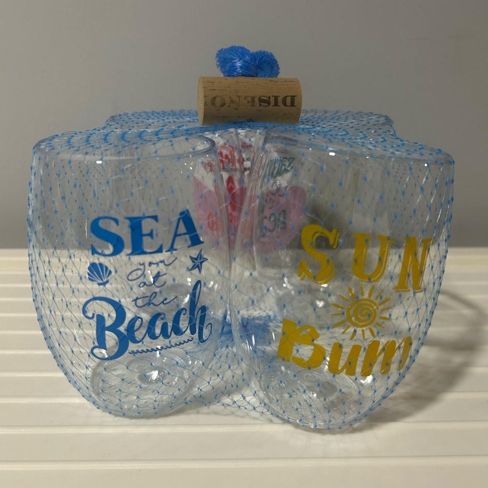 Beach/Summer Shatterproof Plastic Stemless Wine Glasses (includes 4 designs)
